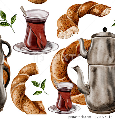 Seamless pattern with oriental delicacies. Turkish tea and bagel. Glass and two-tiered teapot. Eastern samovar. Everything for tea drinking. Without background. Watercolor illustration. Seamless pattern with oriental delicacies. Turkish tea and bagel. Glass and two-tiered teapot. Eastern samovar. Everything for tea drinking. Without background. Watercolor illustration. 120973912
