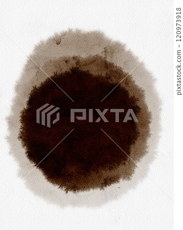Watercolor stain. Dark brown. Coffee stain. Spreads from the center. Wet drawing. Watercolor illustration. 120973918