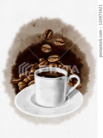 Postcard with background and coffee. White cup with espresso. Coffee beans behind and brown background. Watercolor illustration. 120973921