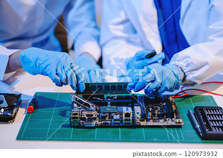 Electronics assembly and RAM installation with high-tech components. Ideal for showcasing advanced technology 120973932