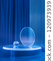 A blue luminous abstract glass assembly, with one round Japanese ball on a round-shaped flat stand, for use as an exhibition background. 120973939