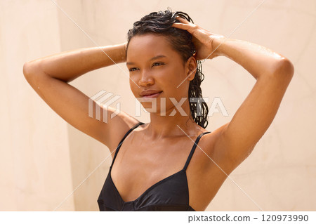 Refreshing Summer Vibes With Confident Woman Enjoying Hair Care Routine 120973990