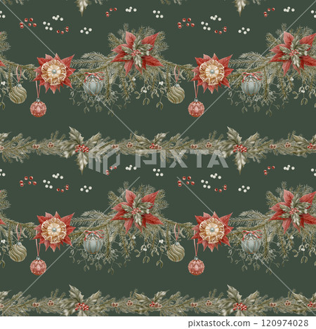 Christmas vintage vintage seamless pattern with spruce branches,holly with berries,poinsettia,christmas tree balls,mistletoe branches.Hand drawn watercolor illustrations on green background Christmas vintage vintage seamless pattern with spruce branches,holly with berries,poinsettia,christmas tree balls,mistletoe branches.Hand drawn watercolor illustrations on green background 120974028