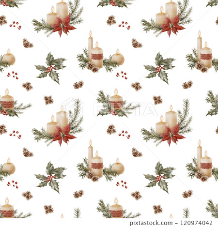 Christmas vintage vintage seamless pattern of candle compositions with flames, openwork lace ribbon with spruce branches, pinecones, sharpleaf with berries.Hand drawn watercolor illustrations on white Christmas vintage vintage seamless pattern of candle compositions with flames, openwork lace ribbon with spruce branches, pinecones, sharpleaf with berries.Hand drawn watercolor illustrations on white 120974042