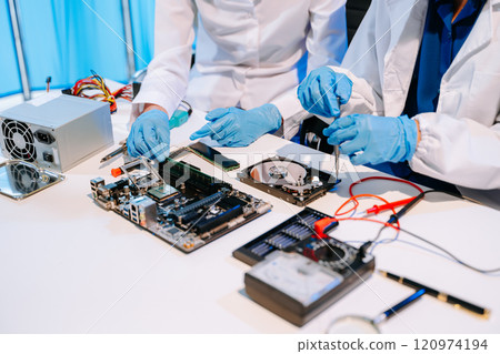 Electronics assembly and RAM installation with high-tech components. Ideal for showcasing advanced technology Electronics assembly and RAM installation with high-tech components. Ideal for showcasing advanced technology 120974194