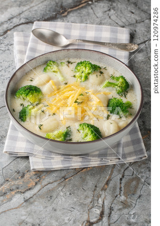 Broccoli and Cheese Soup with Gnocchi closeup on the plate. Vertical Broccoli and Cheese Soup with Gnocchi closeup on the plate. Vertical 120974286
