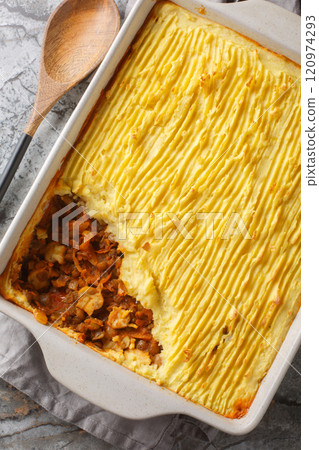 Meatless dairy-free take on Shepherds Pie is packed with veggies and loaded with flavor closeup on the baking dish. Vertical top view Meatless dairy-free take on Shepherds Pie is packed with veggies and loaded with flavor closeup on the baking dish. Vertical top view 120974293