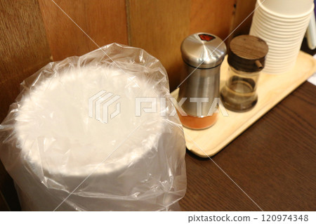 A trash can on a restaurant table (Korea) 120974348