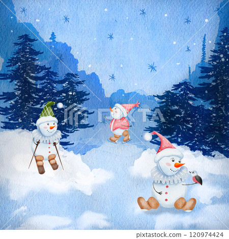 Christmas winter scene. Snowmen skiing and skating in the winter forest. Night, snowflakes are falling. Hand drawn watercolor illustration. Printable Holiday Decoration Design Template 120974424
