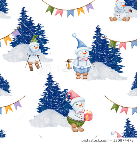 Christmas seamless pattern with cute snowmen. Against the background of blue Christmas trees in the snow and festive garlands. Hand drawn watercolor illustration on a white Christmas background. Christmas seamless pattern with cute snowmen. Against the background of blue Christmas trees in the snow and festive garlands. Hand drawn watercolor illustration on a white Christmas background. 120974472