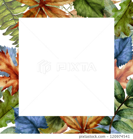 Square watercolor frame with tree leaves. Linden, oak, aspen, fern. Space saved for text. Illustration on a white background in a realistic style. For printing invitations, cards, flyers. 120974541