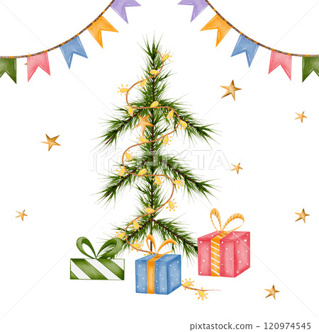 Christmas tree with gifts, garland and stars. Square holiday frame. Composition drawn in watercolor isolated on a white background. For printing on cards, wallpaper, scrapbooking, diplomas, New Year's 120974545