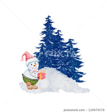 The snowman is holding a red gift in his hands. Winter illustration with nature elements. Blue Christmas trees. Hand drawn winter scene. Isolated on white background. For cards, invitations The snowman is holding a red gift in his hands. Winter illustration with nature elements. Blue Christmas trees. Hand drawn winter scene. Isolated on white background. For cards, invitations 120974578