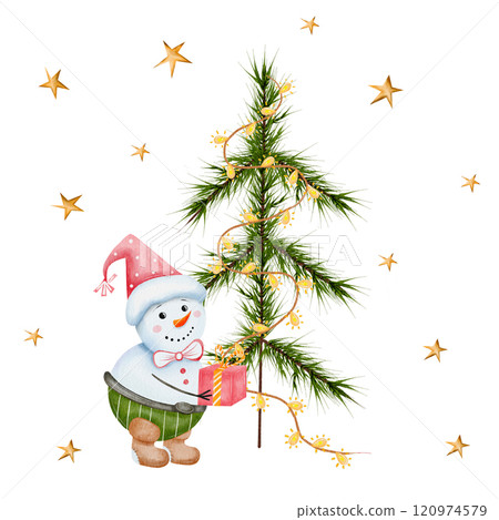 A snowman stands under a Christmas tree with a gift. Watercolor Christmas composition with garland and stars. Hand drawn holiday card. Isolated on a white background. For printing, cards, invitations A snowman stands under a Christmas tree with a gift. Watercolor Christmas composition with garland and stars. Hand drawn holiday card. Isolated on a white background. For printing, cards, invitations 120974579