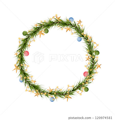 Christmas wreath, round, watercolor with garland, yellow lights, balls and stars. Fir branches, spruce, pine. Hand drawn holiday symbol isolated on white background. Design for printing on cards 120974581