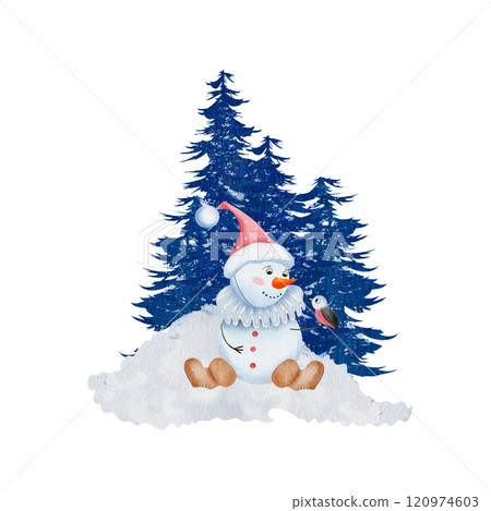 A snowman sits on a snowy hill and holds a bird. Winter illustration with nature elements. Blue Christmas trees. Hand drawn winter scene. Isolated on a white background. For cards, invitations 120974603