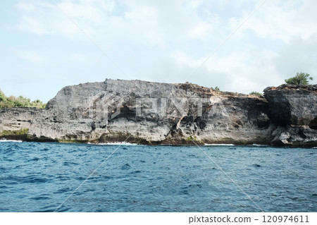 Landscape of cave in rocky cliff at the sea with foam waves and splash water. Travel destination seascape of summer calm ocean in Bali at Indonesia Landscape of cave in rocky cliff at the sea with foam waves and splash water. Travel destination seascape of summer calm ocean in Bali at Indonesia 120974611
