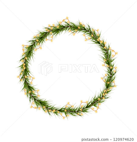 Christmas wreath, round, watercolor with a garland and yellow lights. Spruce branches, fir, pine. Hand drawn holiday symbol isolated on white background. Design for printing on cards, invitations Christmas wreath, round, watercolor with a garland and yellow lights. Spruce branches, fir, pine. Hand drawn holiday symbol isolated on white background. Design for printing on cards, invitations 120974620