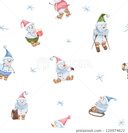 Christmas seamless pattern with cute snowmen. Hand drawn watercolor winter holiday characters. Sled, skis, ice slide, bird with snowflakes. Background for design and print 120974622