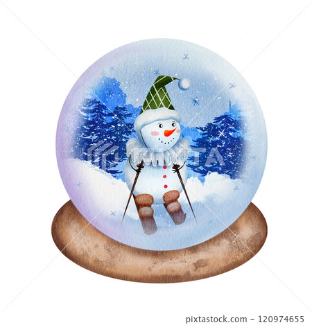 Snow globe. Watercolor traditional holiday element, hand drawn. A snowman skiing in a green hat against a background with a winter forest. Isolated on a white background. Christmas decor 120974655