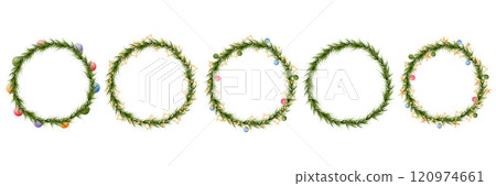 Christmas wreath, round, watercolor set. Spruce branches, fir, pine needles. Hand drawn holiday symbol isolated on white background. Seasonal design for printing on cards, invitations, fabric Christmas wreath, round, watercolor set. Spruce branches, fir, pine needles. Hand drawn holiday symbol isolated on white background. Seasonal design for printing on cards, invitations, fabric 120974661