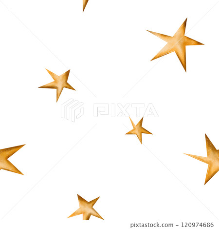 Abstract seamless pattern with gold stars. Glitter, texture element. For printing on fabrics, invitations, diplomas and other designs. Isolated on a white background, hand drawn in watercolor 120974686