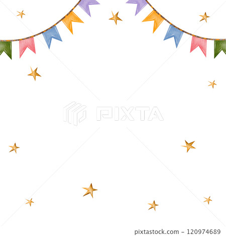 Garland and stars. Square holiday frame. Watercolor hand drawn greeting composition isolated on a white background. For printing on cards, wallpaper, scrapbooking and diplomas 120974689