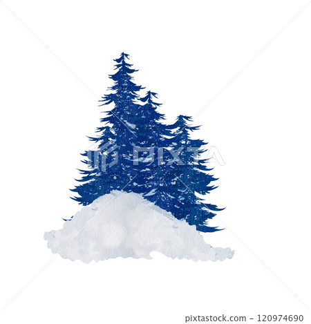 Winter landscape with blue spruce trees in a snowdrift on a white background. Watercolor pines, firs, trees are drawn by hand. Christmas card design. Background with a landscape of a winter forest. 120974690