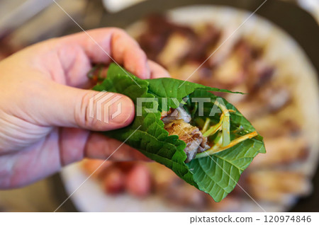 Korean barbecue food. Lettuce , Sesame leaf and meat wrap Korean barbecue food. Lettuce , Sesame leaf and meat wrap 120974846