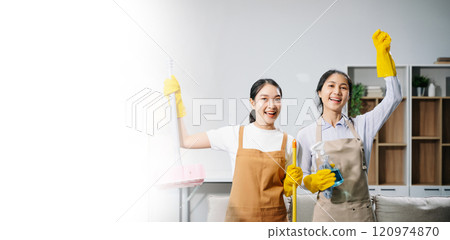 Efficient and professional housekeeping with our dynamic cleaning duo. Perfect teamwork ensures spotless cleanliness in home. Efficient and professional housekeeping with our dynamic cleaning duo. Perfect teamwork ensures spotless cleanliness in home. 120974870