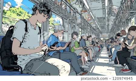 火車上的每個人都在使用智慧型手機。 120974945