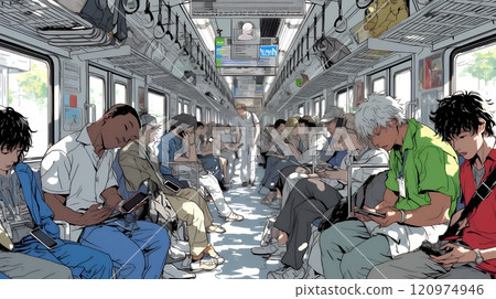 火車上的每個人都在使用智慧型手機。 120974946