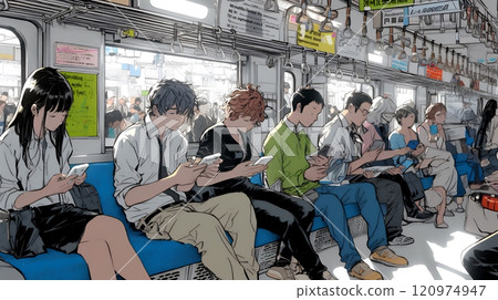 火車上的每個人都在使用智慧型手機。 120974947