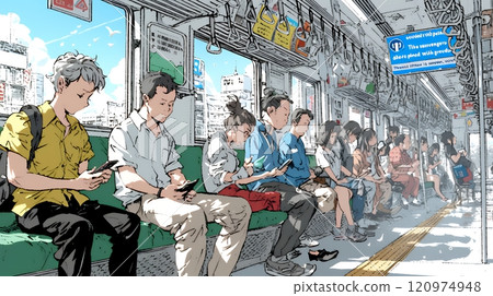 火車上的每個人都在使用智慧型手機。 120974948