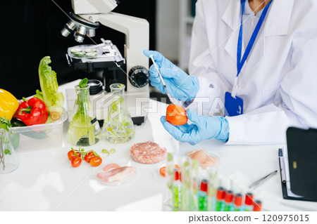 Food science as lab scientists test and analyze vegetables for safety and quality using advanced technology Food science as lab scientists test and analyze vegetables for safety and quality using advanced technology 120975015