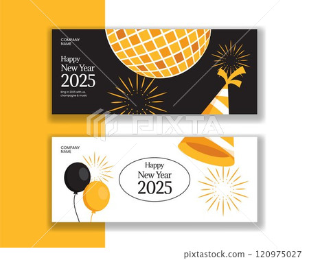 New Year 2025 Horizontal Banner with Cartoon Illustration 120975027