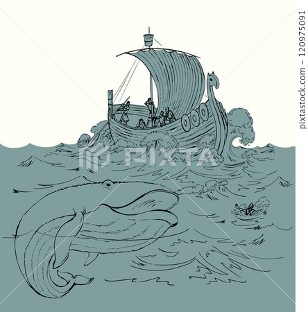 Vector drawing. Sailors on a ship in a storm Vector drawing. Sailors on a ship in a storm 120975091