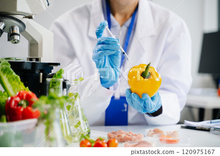 Food science as lab scientists test and analyze vegetables for safety and quality using advanced technology Food science as lab scientists test and analyze vegetables for safety and quality using advanced technology 120975167
