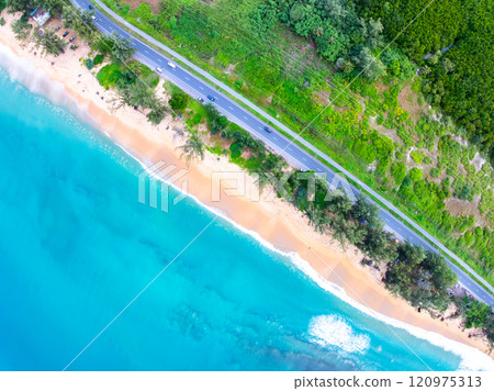 High angle view waves seascape nature view,Wide angle drone shot,Top view beach sand 120975313