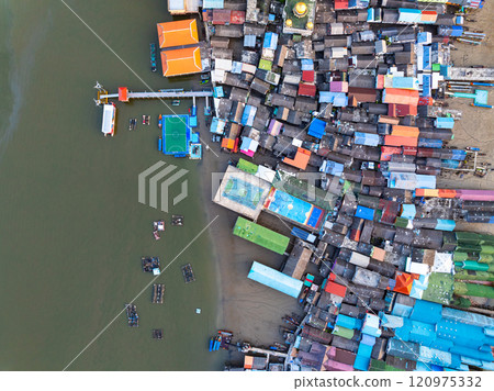 Aerial view of Panyee island in Phang Nga Thailand,Wide angle landscape Floating village, Koh Panyee fishing village island in Phang Nga, Thailand 120975332
