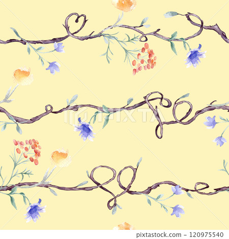 Tree branches with simple flowers watercolor seamless pattern isolated. Nature design on repeated background with delicate blue red floral and twigs hand drawn for textile, wrapping paper, wallpaper. 120975540