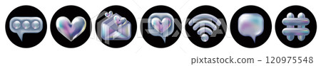 3d holographic retro 90 icons set. Chrome Heart, Speech Bubble, Hashtag, Envelope, Wi-Fi Sign isolated on black. Future galaxy aesthetic, 3D chrome bubble art. Metal glossy sticker set. 120975548