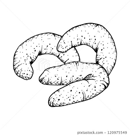 A hand drawn vector illustrations of a vanilla crescent shaped cookies with a textured. Monochrome sketch of crumbly, soft pastry, ideal for bakery branding, culinary projects, or food themed designs. 120975549