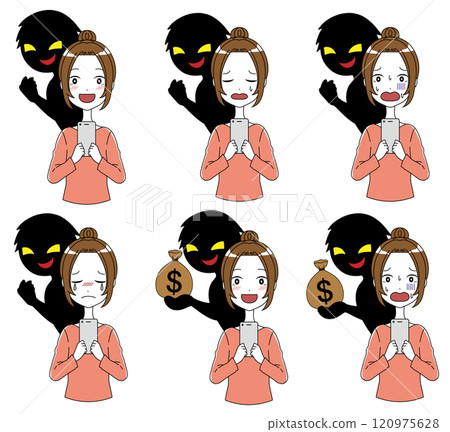 Material set of villain and woman with smartphone 120975628