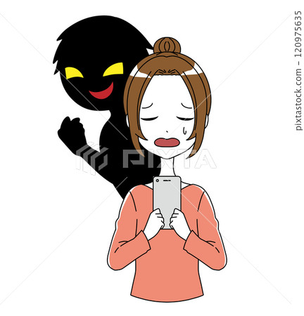 A black silhouette of a villain and a depressed woman holding a smartphone 120975635