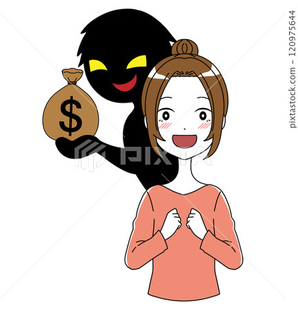 A villain with money and a smiling woman being deceived A villain with money and a smiling woman being deceived 120975644