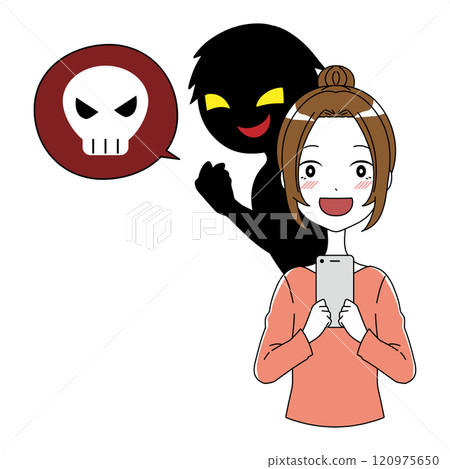 A villain telling a dangerous story and a smiling woman holding a smartphone 120975650