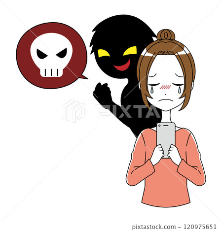 A depressed woman holding a smartphone and a villain talking dangerously 120975651