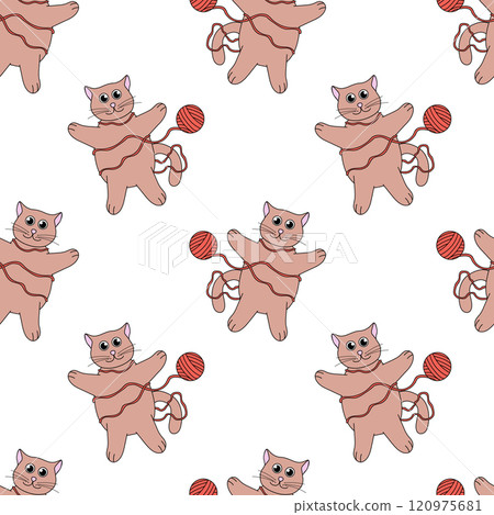Seamless Pattern. Cat play with ball of thread. Cute flat illustration. Seamless Pattern. Cat play with ball of thread. Cute flat illustration. 120975681