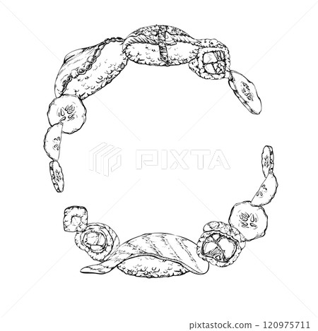 Japanese food nigiri sushi, alaska maki roll, raw fish octopus tako slice, unagi salmon sesame cucumber slices, vector pen ink hand drawn. Wreath frame for restaurant cafe menu, kitchen, recipe book 120975711